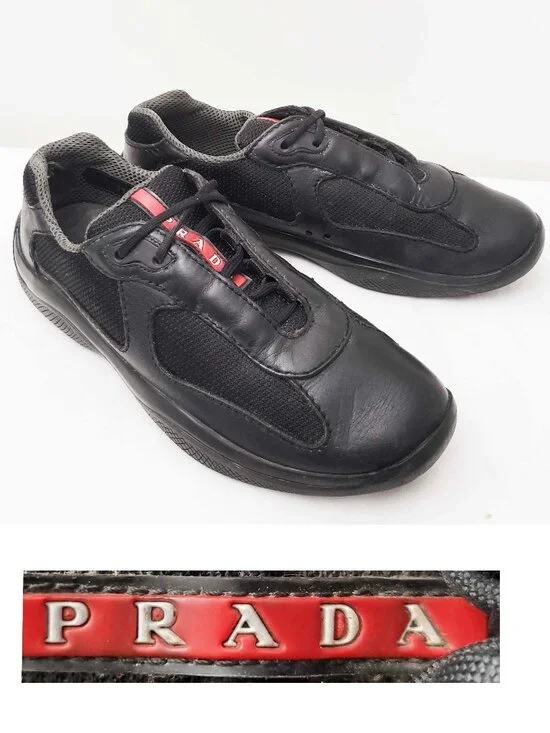 Vintage Prada Womens Sneakers Linea Rossa America’s Cup Black Leather Shoes 37,5