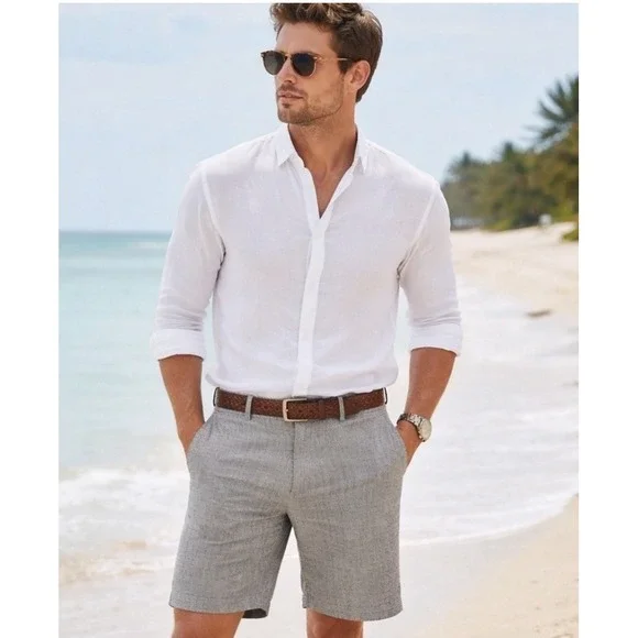 Banana Republic Aiden Shorts Mens 42 Gray Linen‎ Cotton Flat Front Casual Summer