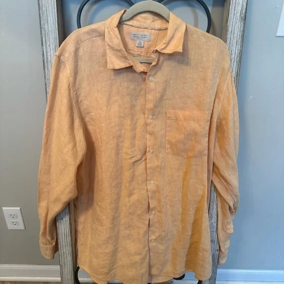 Banana Republic‎ Linen Button Up Shirt Peach Salmon XL Long Sleeve Pocket