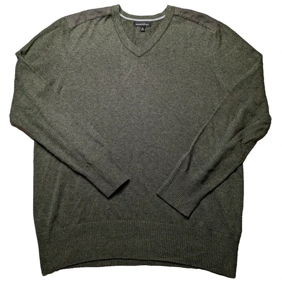 BANANA REPUBLIC Men Large Green Heather‎ Cotton V-Neck Military Sweater EUC