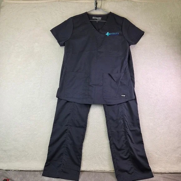 Greys Anatomy by Barco Womens Scrub Set Charcoal Gray V-Neck Top Pants Size MT