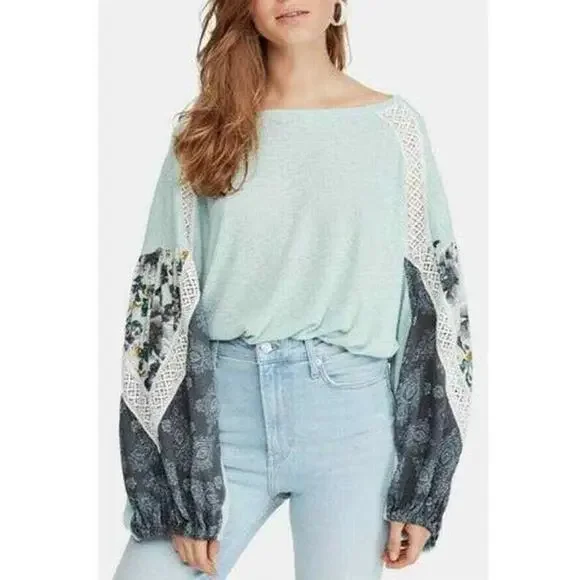 FREE PEOPLE Mint Blue Floral Printed Lace Trim Knit Pullover Shirt Top Boho XS