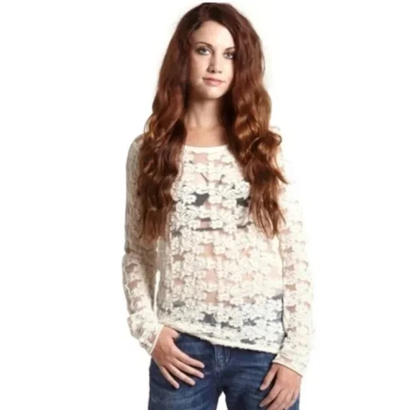 Free People Ivory Lace Long Sleeve Top Size XS