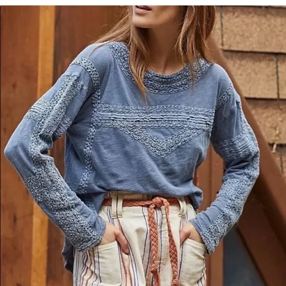 Free People Boy Meets Crochet Long Sleeve Top NWT