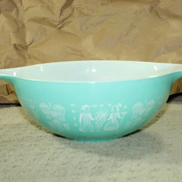 Vtg Pyrex Amish Butterprint 444 Cinderella Mixing Bowl Turquoise 4 QT -Near Mint