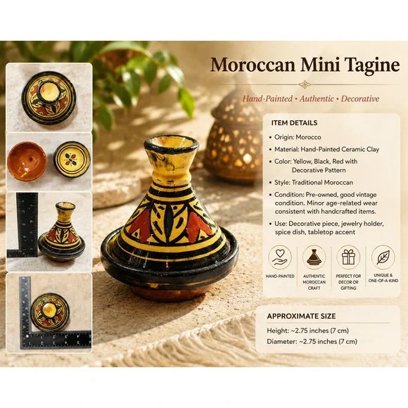 Mini Moroccan Hand Painted Ceramic Tagine Pot Salt Cellar Spice Dish‎ Yellow Red