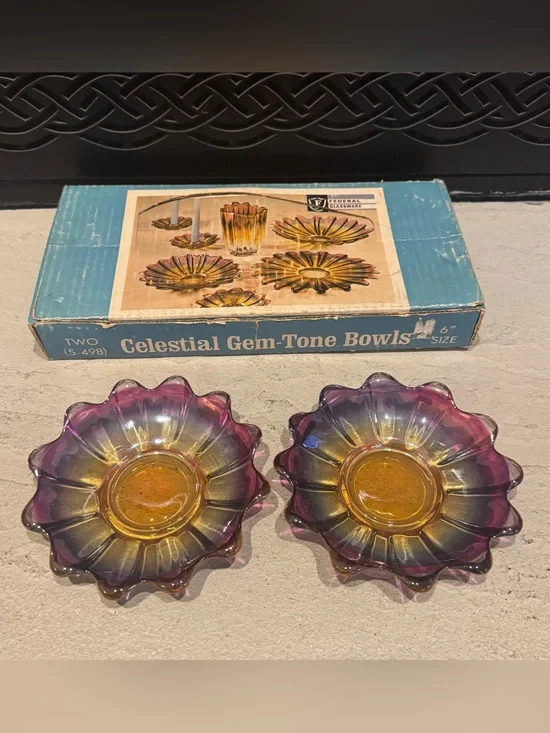 Federal Glass Celestial Gem-Tone Bowls S-498, 6“, original box