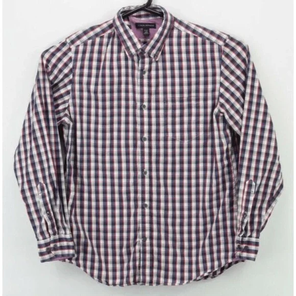 Banana Republic Mens Large Navy Red White Gingham Plaid Button Down Shirt L 16.5