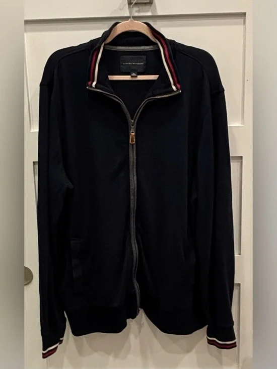 Banana Republic Men’s Navy Zip-Up Sweater Jacket with Red & White Trim