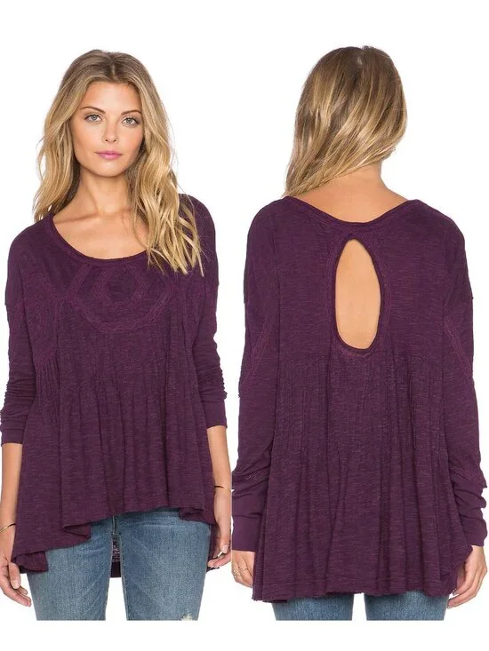 Free People New Hope Babydoll Long Sleeves Top S Eggplant Cutout Peasant Boho