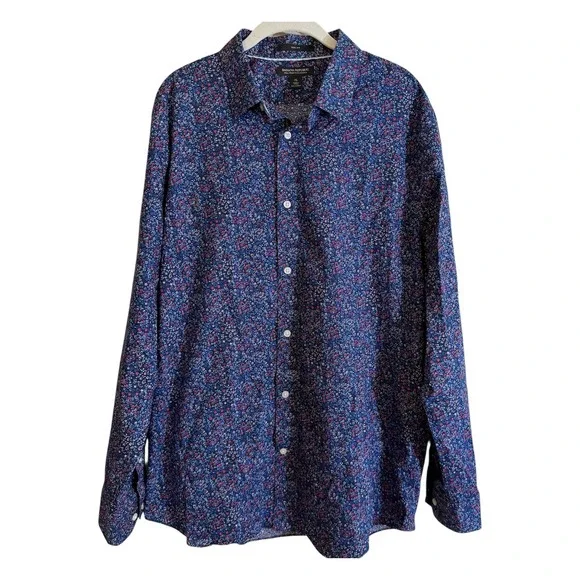 Banana Republic Button Front Shirt Mens XL Blue Floral‎ Slim Fit Non Iron LS
