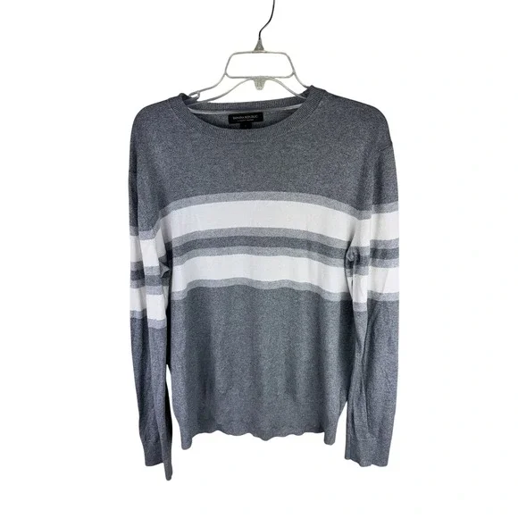 Banana Republic Mens Large Luxury Blend Silk Cashmere Striped Sweater Grey‎