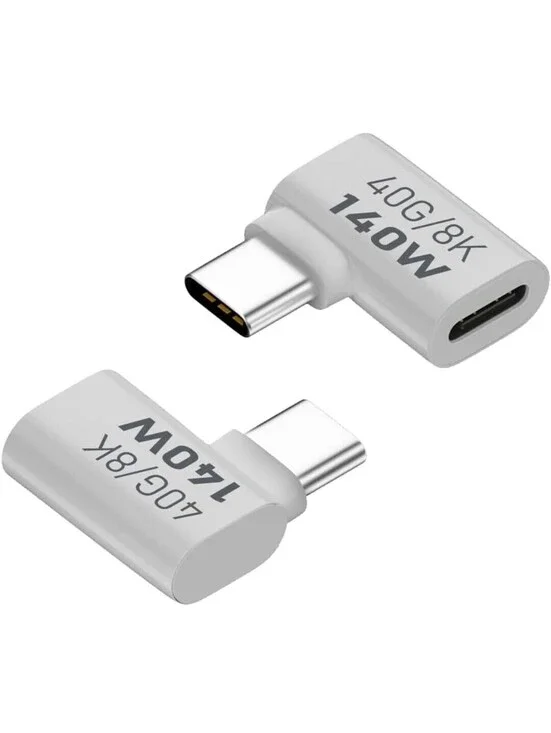 USB-C Female to Male 90° Adapter Extender 140W 40Gbps 8K – 2 Pack (White)