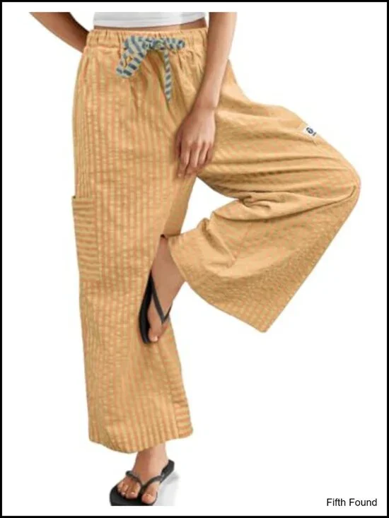 Women's Cotton Blend Wide Leg Palazzo Pants Drawstring Boho Casual Trousers