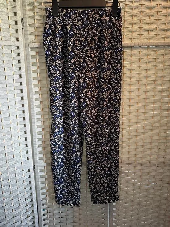 Women's Elastic Waist Wide Leg Pants Navy Blue Patterned Tapered Pleated Front