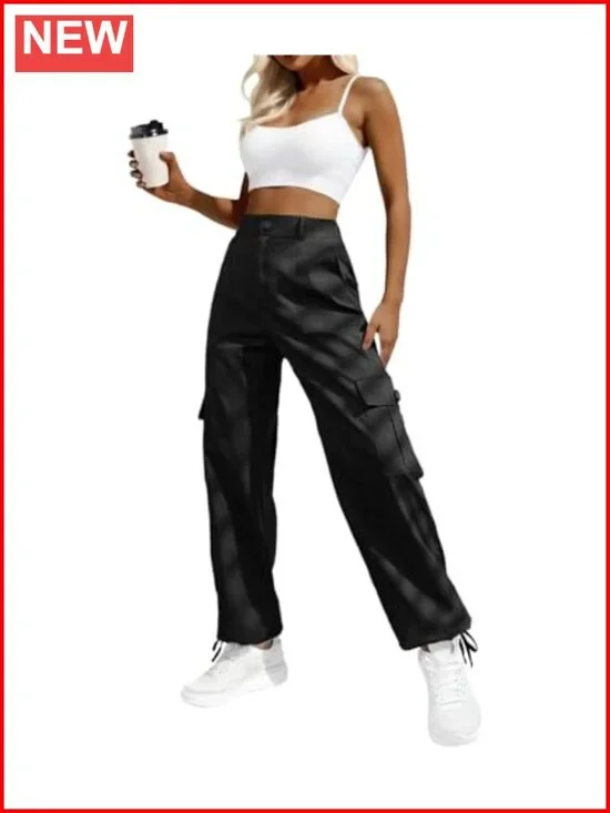 High Waisted Cargo Pants Y2K Streetwear 6 Pockets Drawstring Ankle Cuffs
