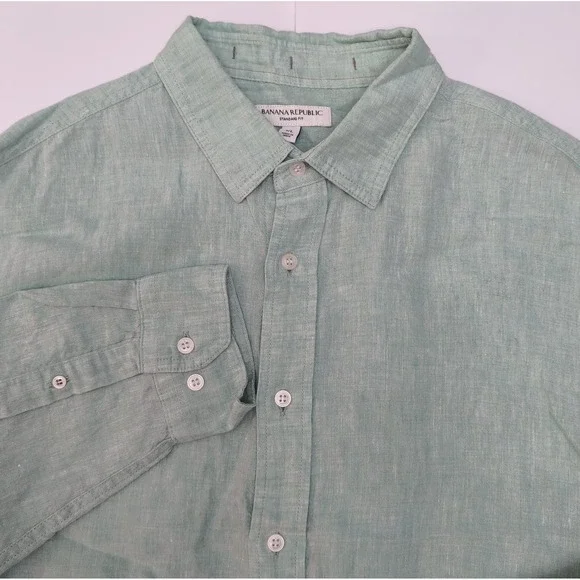 Banana Republic Mens XL 100% Linen Button Up Long Sleeve Mint Preppy Resort