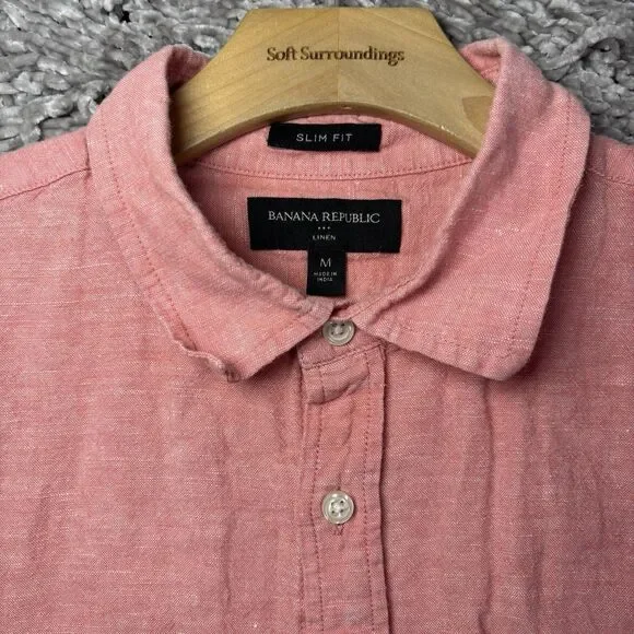 Banana Republic Linen Shirt Mens Medium Slim Fit Pink Short Sleeve Beach Summer