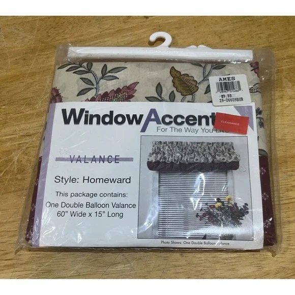 Vtg Ames Store Double Balloon Valance‎ Homeward Floral Garden Maroon 60x15
