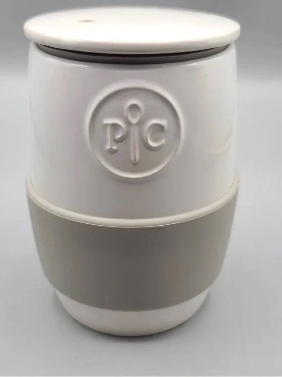 Pampered Chef White Ceramic Cooker with Gray Silicone Grip