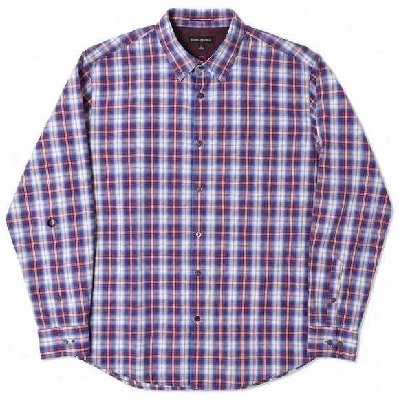 Banana Republic Mens Plaid Button Up Shirt Large Red Blue White Lightweight READ