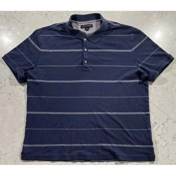 Banana Republic Polo Shirt Mens XL Navy Blue White Striped Cotton Knit Casual