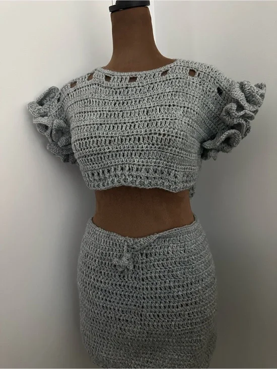 Handmade Crochet Two-Piece Set in Light Gray