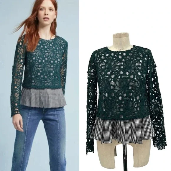 Anthropologie Maeve Gabriella Top Blouse Peplum Gingham Lace Green Size XS‎