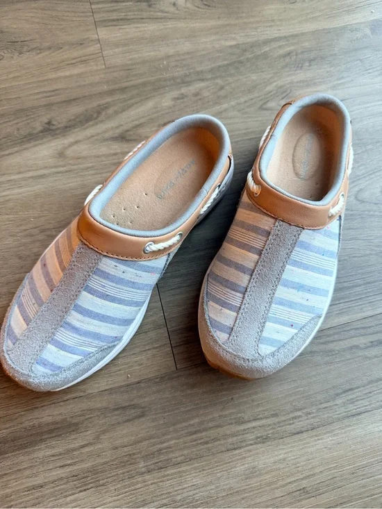 Easy Spirit Slip-On Striped Sneakers in Light Blue and Tan