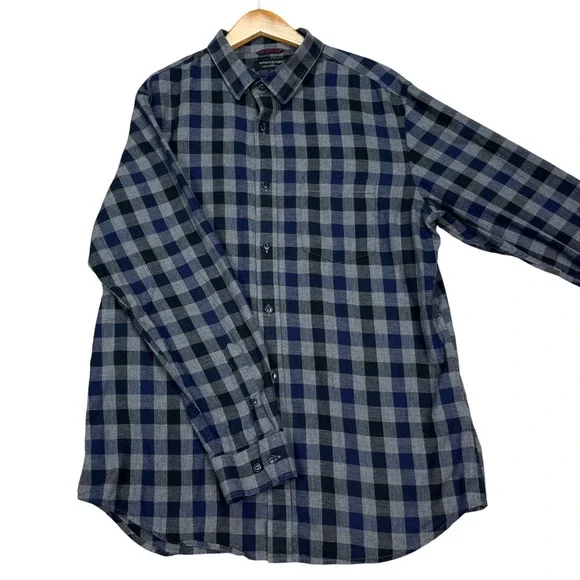 Banana Republic Button Down Shirt Mens Large Blue Gray Buffalo Check Flannel EUC