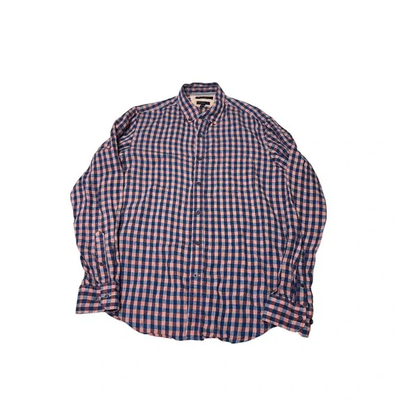 Banana Republic Camden Fit Mens Medium 100% Linen Gingham Shirt Navy Coral Pink