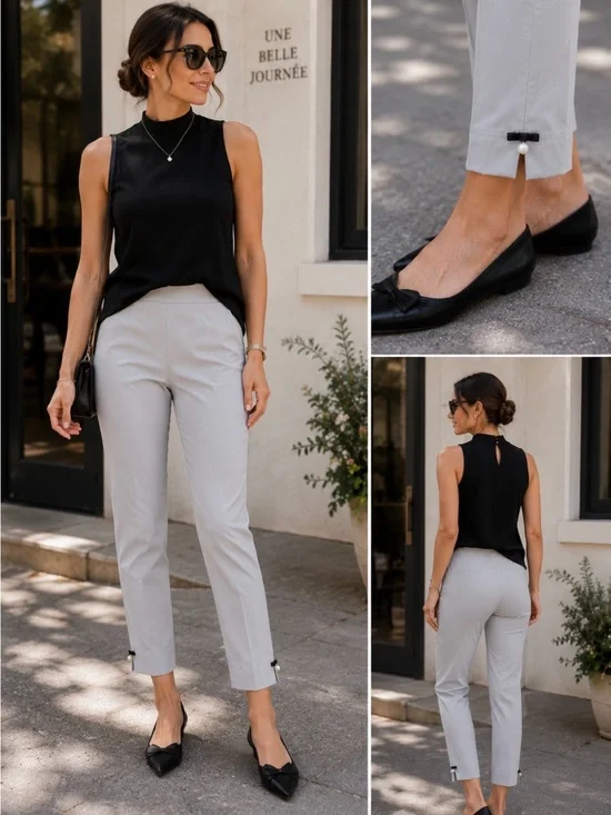 NWT IC by Connie K Pearl & Bow Detail Pull On Ankle Pants Light Gray Sz S 🧡