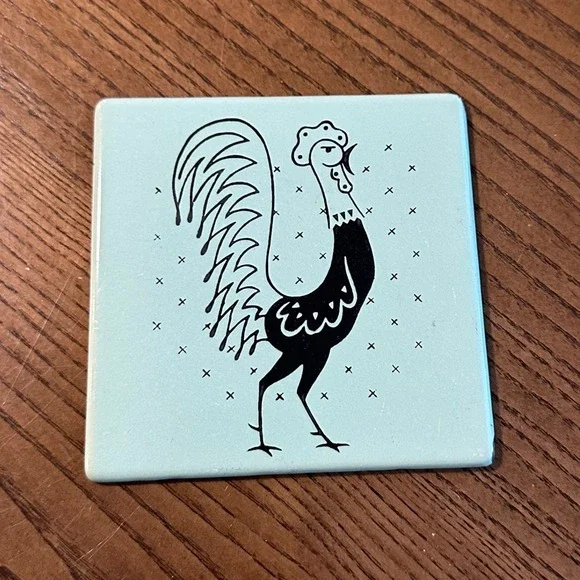 Vintage Frigidaire Pot Rooster Porcelain Enamel Trivet Aqua Mid Century Modern