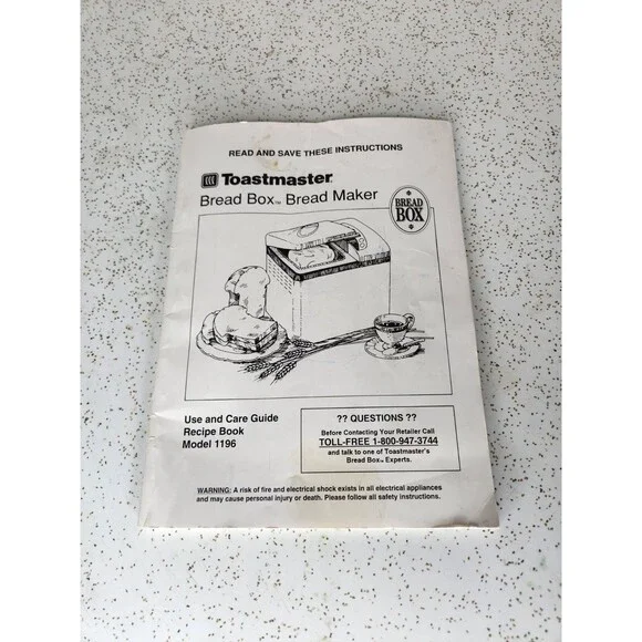 Toastmaster Bread Machine Use & Care Recipe Book OEM Replacement For Model 1196