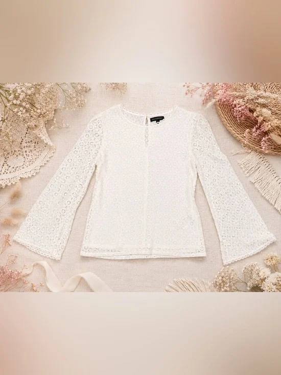Banana Republic Ivory Floral Lace Bell Sleeve Blouse Boho Romantic Small