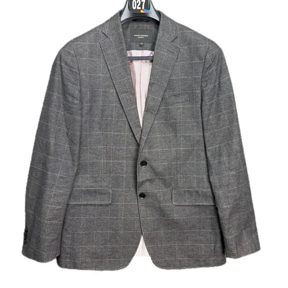 Banana Republic Blazer Mens 38R Grey Plaid Tailored Fit Cotton Sport Coat