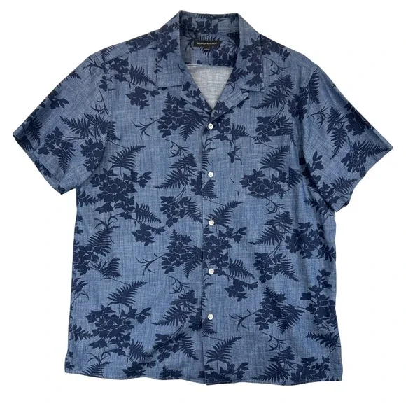 Banana Republic Shirt Mens L Blue Floral Camp Short Sleeve Cotton‎ Button Front