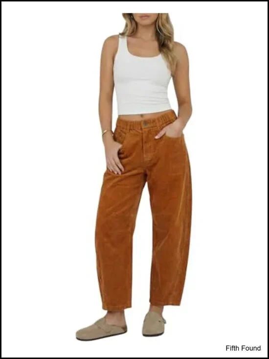Women's Corduroy Barrel Pants Mid-Rise Elastic Waist Wide Leg Baggy Trousers