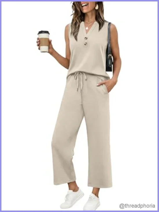 Two Piece Lounge Set V-Neck Tank Top Wide Leg Pants Casual Travel Outfit