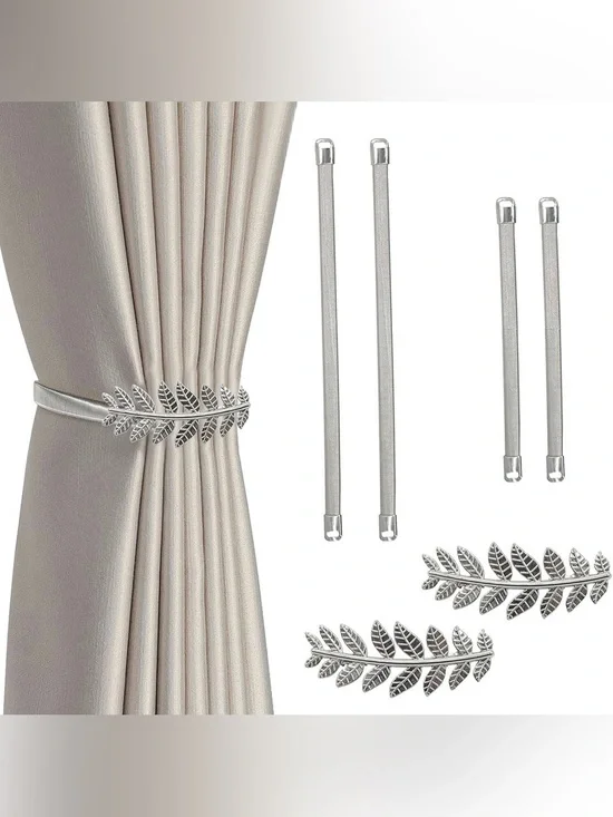 2 Pack Curtain Holdbacks | Silver-Tone Leaf with Elastic Bands | Like New