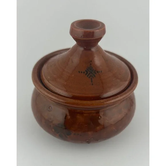 Vintage Handmade Ceramic Small Tagine‎ Pot Decorative Dish with Lid Brown