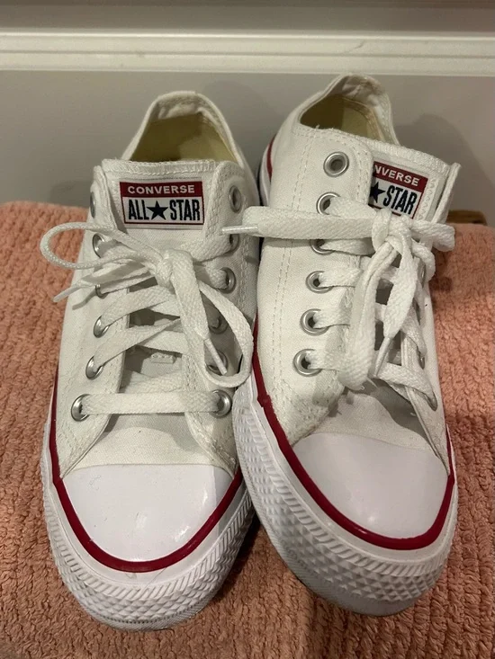 Converse White Low-Top Canvas Sneakers with Red Stripe