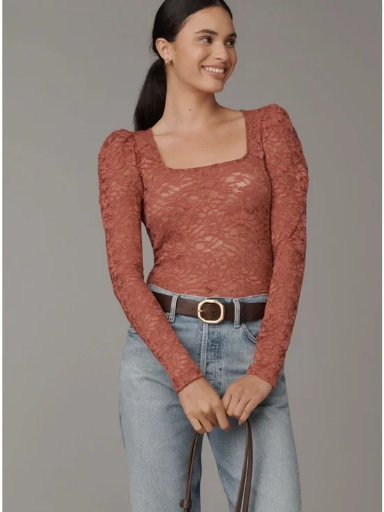 NWT Anthropologie Puff-Sleeve Sheer Lace Long Sleeve Top Size XL