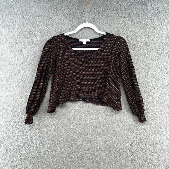 Anthropologie eri + ali woven striped long sleeve cropped top balloon sleeve XXS