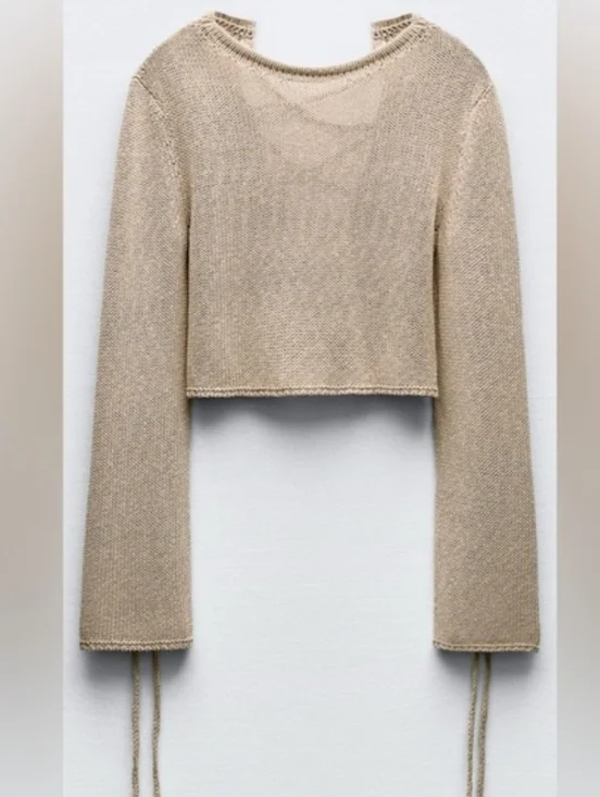 ZARA KNIT LONG FLARED SLEEVE BACKLESS CROPPED SWEATER SIZE SMALL