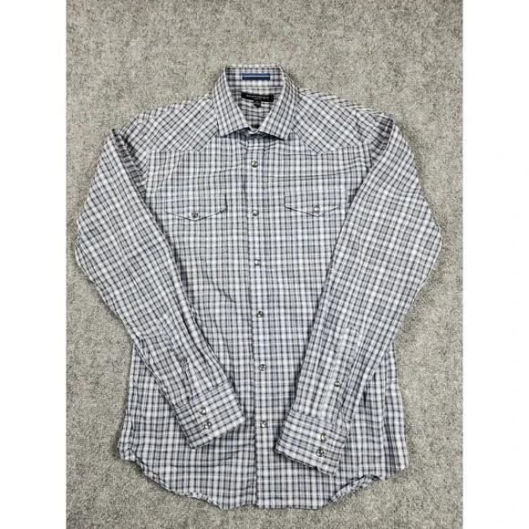Banana Republic Mens Slim Fit Western Plaid Snap Button Shirt Blue White Small