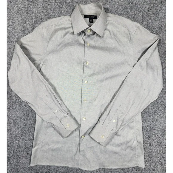 Banana Republic Mens Non Iron Slim Fit Dress Shirt Grey White Cotton Small