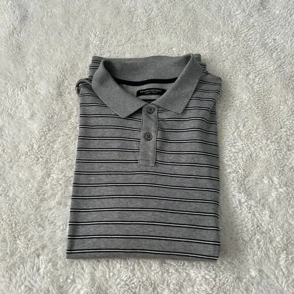 Banana Republic Mens Luxury Grey Strip Touch Polo Sz L Preppy College Casual