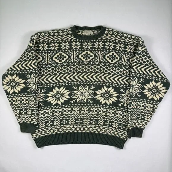 Vintage Banana Republic Knit Sweater Green White Snowflake Cotton XL