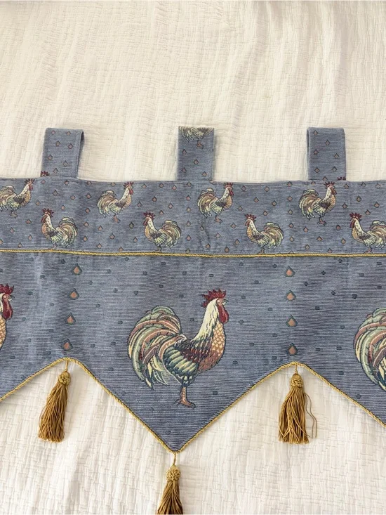Vintage Rooster Print Window Valance in Denim Blue with Gold Tassels